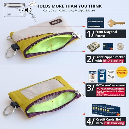 RFID Blocking Travel Wallet with Adjustable Lanyard, Small Nylon Zipper Pouch and Badge Holder for ID, Credit Cards, Cash, Keys, Commuters (Almond+DarkYellow) - Image 6