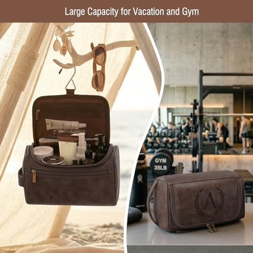 Travel Toiletry Bag Hanging For Mens PU Leather - Dark Brown (Initial K) - Image 7