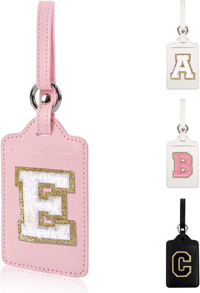 Personalized Initial Luggage Tags for Suitcases, Leather Chenille Letter Cute Luggage Tags with Privacy Name Card, Embroidered Travel Bag Backpack Tag Gifts for Women Kids Girls Teens(Pink-E) by XSUIOY