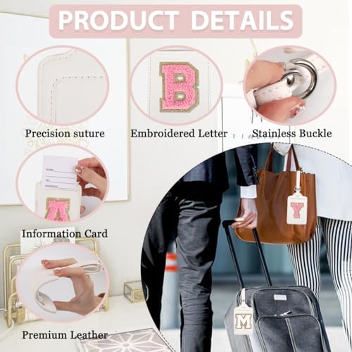 Personalized Initial Luggage Tags for Suitcases, Leather Chenille Letter Cute Luggage Tags with Privacy Name Card, Embroidered Travel Bag Backpack Tag Gifts for Women Kids Girls Teens(White-S) - Image 3
