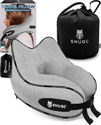 SNUGL Travel Pillow – Memory Foam Pillows - Neck Pillow for Airplane with Carry Bag & Clip – Neck Support Pillows for Pain Relief - Airplane Travel Essentials (Adult Regular - Grey) by SNUGL