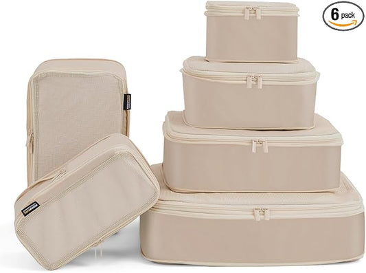 Compression Packing Cubes for Travel, 6-Piece Set (Large/Medium/Small), Double-Zip Luggage Organizers for Suitcase & Carry-On, Clothes Storage Bags (Classic Khaki, 6 Pack)