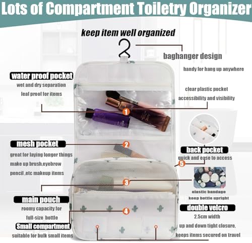 L&FY Hanging Toiletry Bag For Women-Portable Travel Toiletry Bag Water-resistant Makeup Organizer Bag For Cosmetic, Travel Toiletries, Accessories (White With Cactus) - Image 2