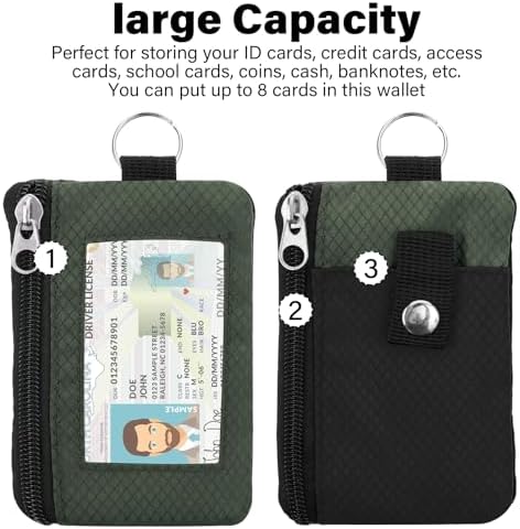 Minimalist RFID Wallet with Lanyard, Multi-Functional ID Case with 2 Zipper Pockets and Key Chain for Men and Women, Tactical Badge Pouch Cards Holder, Coin Purse for Travel Sports - Black&Army - Image 6