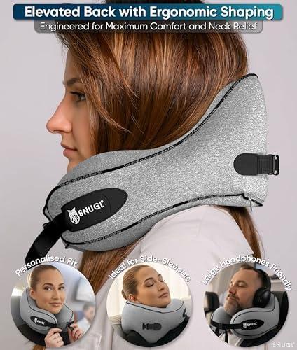SNUGL Travel Pillow – Memory Foam Pillows - Neck Pillow for Airplane with Carry Bag & Clip – Neck Support Pillows for Pain Relief - Airplane Travel Essentials (Adult Regular - Grey) - Image 4