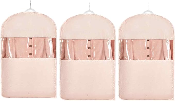 Space Saving Hanging Garment Bag with Self Compression Zipper，Dust Cover Clothes Bags for Down Coat,Dress,Suit，Closet Storage Organizer for Home Travel Use(Pink, Medium)