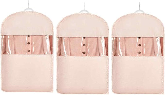 Space Saving Hanging Garment Bag with Self Compression Zipper，Dust Cover Clothes Bags for Down Coat,Dress,Suit，Closet Storage Organizer for Home Travel Use(Pink, Medium)