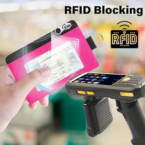 Minimalist RFID Blocking Wallet with Lanyard, Functional ID Case with 2 Zipper Pockets and Key Chain for Men and Women, Tactical Badge Pouch Cards Holder, Coin Purse for Travel Sports-Rose - Image 4