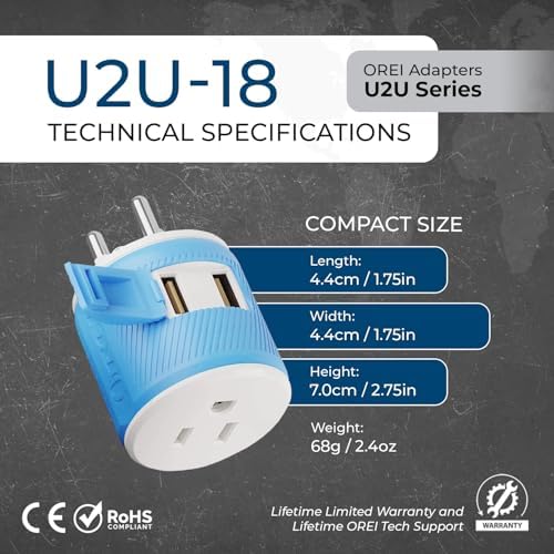 OREI Thailand Travel Plug Adapter with Dual USB - USA Input - Type O (U2U-18), Will Work with Cell Phones, Camera, Laptop, Tablets, iPad, iPhone and More - Image 5