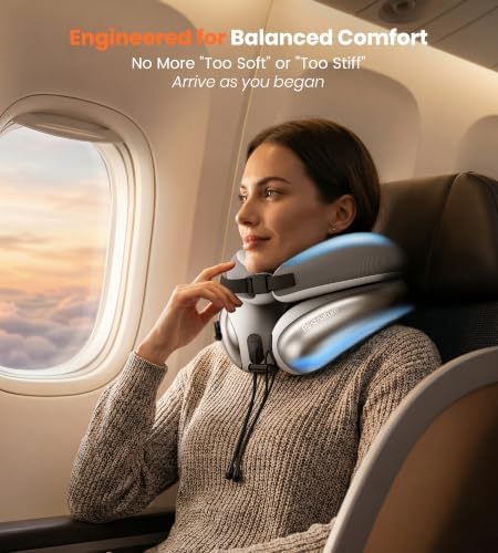 Neck Pillow for Traveling, Travel Pillows for Airplanes, Adjustable Neck Pillow Airplane Travel Essentials - 2 Layer Patented | Inflatable Air Loop & Memory Foam for 360° Ergonomic Support - Image 4