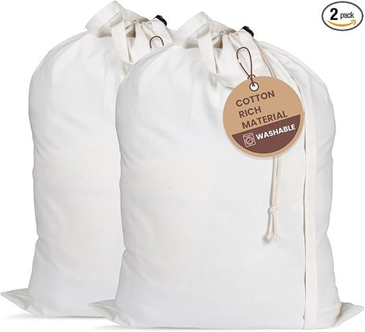 LFH Home Cotton Canvas Large Laundry Bag with Handle, Heavy Duty Drawstring Closure Washable Laundry Bags, School Travel, Home, Hotel, College Dorm, Organizer Sack, Toy Clothes 20x30 (Pack of 2)-White