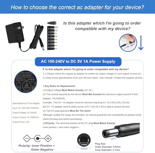 5V 1A Wall Charger Power Adapter with Plug 5.5 x 2.1mm, 5W Universal AC/DC Adapter 100-240V AC to DC 5V Power Cord Converter with 9 Interchangeable Jacks Plug (5 Adapters+8 DC Tips+1LED Tip) - Image 6