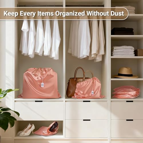 Ewen Pack of 12 Satin Drawstring Dustbags with Blank Tags, Dustproof Packing Pouch Set in Small Medium Large for Travel Essentials, Pink Orange Silk Bag for Handbags Clothes Purse Organization Storage - Image 6