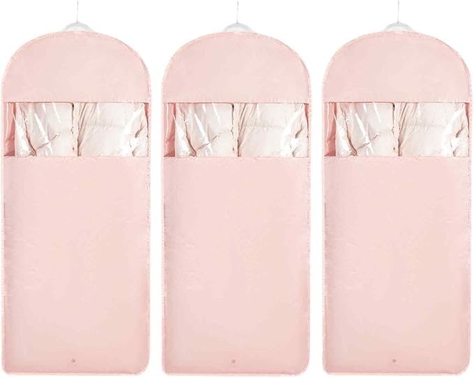 Space Saving Hanging Garment Bag with Self Compression Zipper，Dust Cover Clothes Bags for Down Coat,Dress,Suit，Closet Storage Organizer for Home Travel Use (Pink, XL)