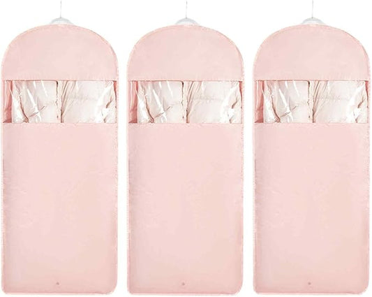 Space Saving Hanging Garment Bag with Self Compression Zipper，Dust Cover Clothes Bags for Down Coat,Dress,Suit，Closet Storage Organizer for Home Travel Use (Pink, XL)
