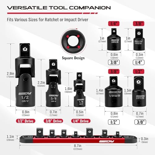 Universal Joint Socket Reducer: 7-Piece Impact Wobble U Joint & Adapter Set with Magnetic Aluminum Storage Rail - Premium Cr-V Steel 1/4", 3/8" & 1/2" Drive - Image 2