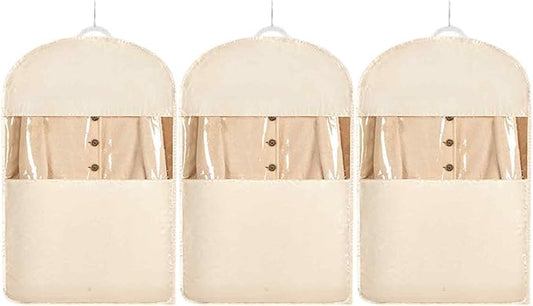 Space Saving Hanging Garment Bag with Self Compression Zipper，Dust Cover Clothes Bags for Down Coat,Dress,Suit，Closet Storage Organizer for Home Travel Use (Beige, Medium)