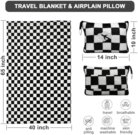 Travel Blanket and Pillow Compact, Premium Soft 2 in 1 Airplane Blanket with Soft Bag Pillowcase，Hand Luggage Sleeve and Backpack Clip (Checkered Black) - Image 3