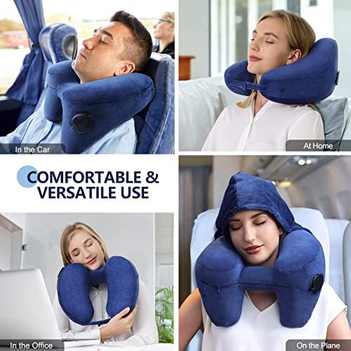 Sunany Travel Neck Pillow for Airplane Pillow Comfortably Supports Head, Neck and Chin, Inflatable Travel Pillow with Soft Velour Cover and Portable Drawstring Bag (Dark Grey, H-Shape) - Image 2