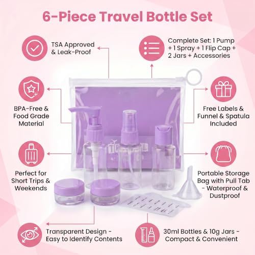 TSA Approved Travel Bottles for Toiletries, [8-Piece Set] Leak Proof Travel Size Containers with Clear Toiletry Bag, Refillable Cosmetic Liquid Accessories for Shampoo, Conditioner, Lotion - Image 3