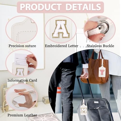 Personalized Initial Luggage Tags for Suitcases, Leather Chenille Letter Cute Luggage Tags with Privacy Name Card, Embroidered Travel Bag Backpack Tag Gifts for Women Kids Girls Teens(White-Q) - Image 3