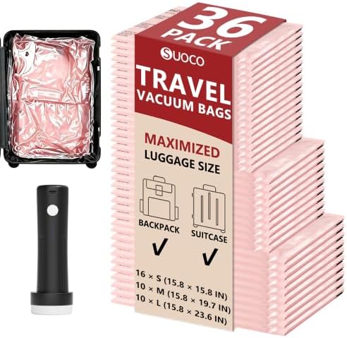 Travel Vacuum Bags for Clothing with Cordless Pump 36 Combo, Pink by SUOCO