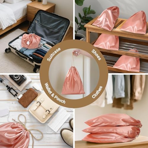 Ewen Pack of 12 Satin Drawstring Dustbags with Blank Tags, Dustproof Packing Pouch Set in Small Medium Large for Travel Essentials, Pink Orange Silk Bag for Handbags Clothes Purse Organization Storage - Image 4