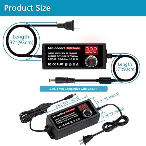 72W Power Supply Adjustable DC 3V ~ 36V Variable Universal Switching AC/DC Adapter Minidodoca AC to DC Converter with LED Voltage Display and 13 Tips, for 3V to 36V Household Electronics - 2000mA Max - Image 5