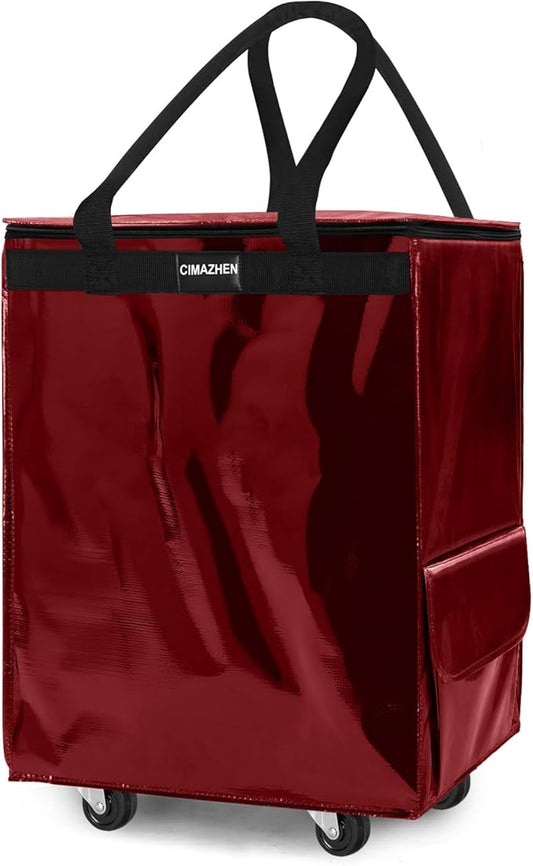 (Medium,Red) Reusable Grocery Bag on 4 Wheels, Foldable Rolling Tote Bag with 3 Handles and Zipper, Storage Organizer for Groceries, Rolling Shopping Cart for Travel, 76lb