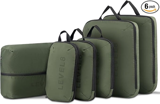 LEVEL8 Compression Packing Cubes for Suitcase, 6 Set Travel Bags with Shoe Organizer, Packing Organizers Travels Accessories in 4 Sizes (Extra Large, Large, Medium, Small), Green