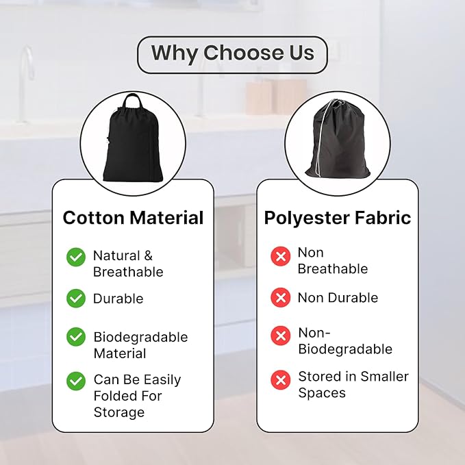 LFH Home Large Premium Cotton Canvas Laundry Bag with Drawstring and Handles Heavy Duty, Multi-Use, and Washable for Home, Travel, College or Storage 24x36 (Pack of 6)-Black