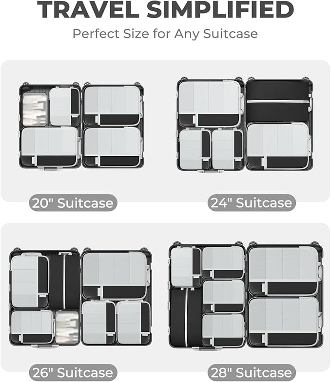 Percover Compression Packing Cubes for Travel, 8-Piece Structured Compression Organizer Set with Laundry Bag & Shoe Bag for Carry-On & Checked Luggage, Black