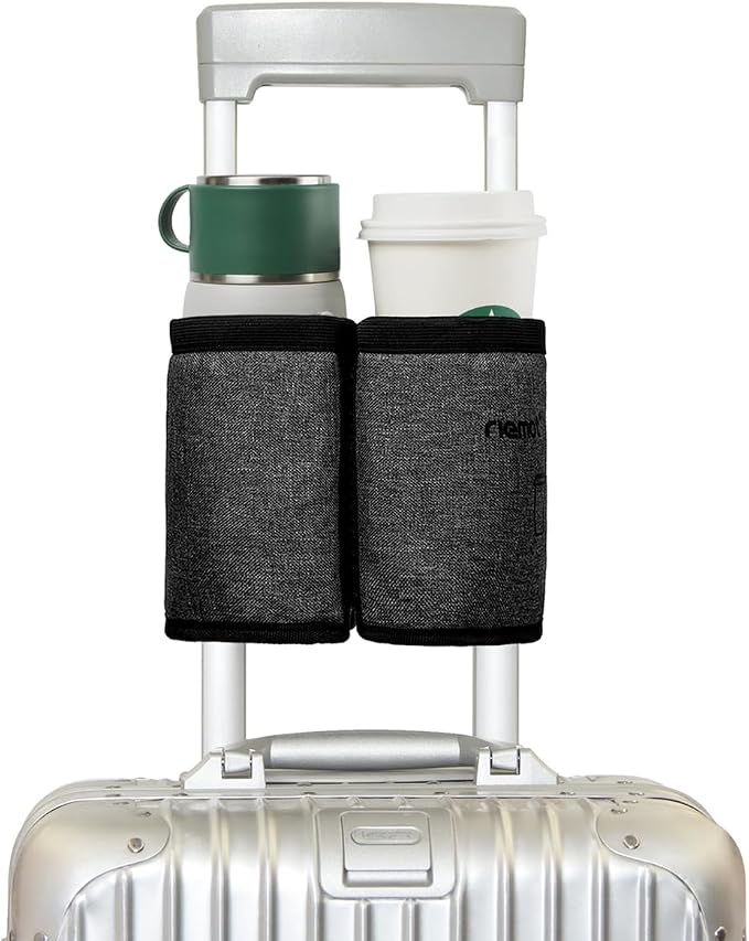 riemot Luggage Travel Cup Holder Free Hand Drink Carrier - Hold Two Coffee Mugs - Fits Roll on Suitcase Handles - Gifts for Flight Attendants Travelers Accessories Carbon Black by riemot