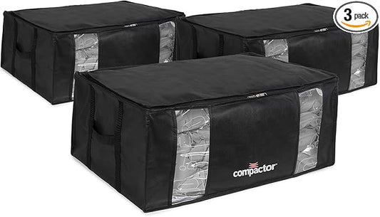 Compactor 3 Pack Vacuum Storage Bag with Semi-Rigid Box, Closet Organizer, Vacuum Seal Bags for Clothing and Bedding, Fits All Vacuum and Nozzle Types, 210L, Black, XXL