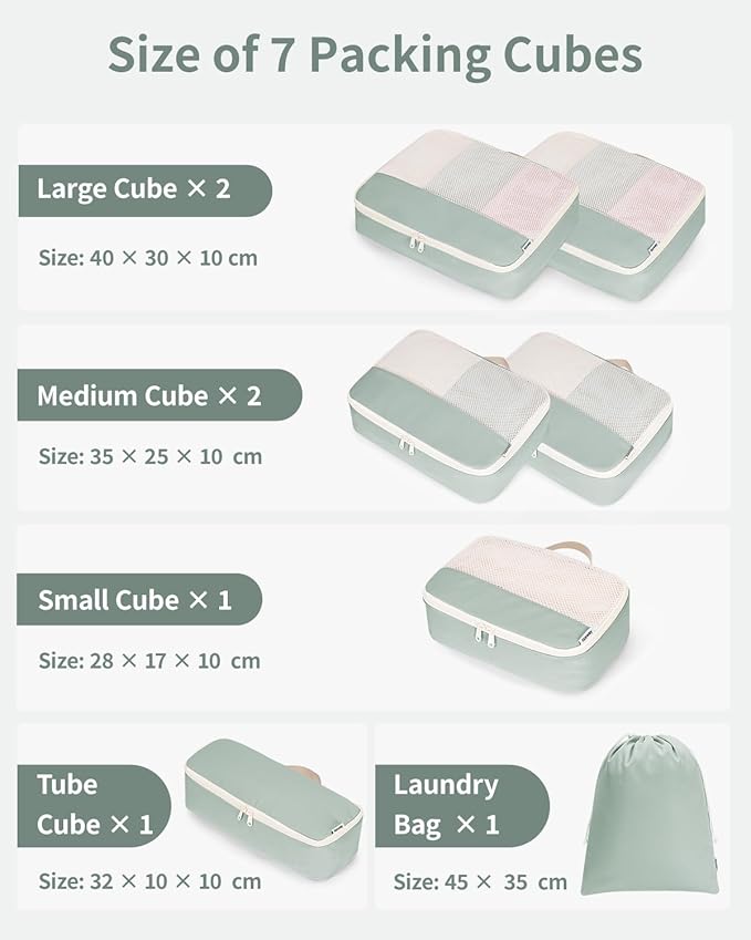 Narwey 7 Set Packing Cubes Durable Packing Organizers Bag Organizer Bags Travel Carry on Suitcase Luggage for Women (Mint Green)