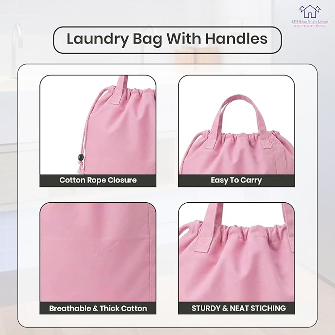 LFH Home Large Premium 1pack Cotton Canvas Laundry Bag with Drawstring and Handles Heavy Duty, Multi-Use, Washable for Home, Travel, College or Storage 28x36-Pink