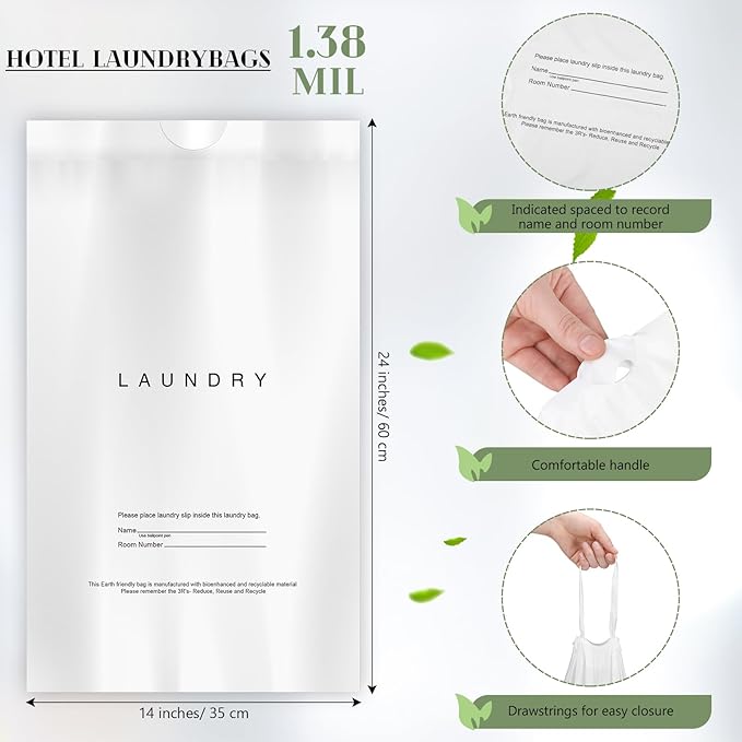 200 Pack Hotel Laundry Bags Bulk 1.38 Mil 14" x 24" Laundry Plastic with Drawstring Closure Writing Strips Patient Personal Belongings Dirty Clothes Bag for Factory Travel Hospital