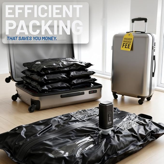 Travel Vacuum Bags with Electric Pump - 2 Pack Space Saver Compression Kit for Luggage, Portable Storage for Clothing and Suitcases, Includes USB Rechargeable Sealer