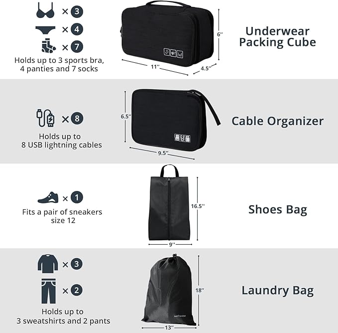 NICOSHOW 7 Set Compression Packing Cubes for Travel - Compressible, Lightweight, and Space-Saving Packing Cubes, Travel Essentials for Women, Black