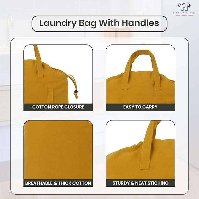 LFH Home Large Premium Cotton Canvas Laundry Bag with Drawstring and Handles Heavy Duty, Multi-Use, and Washable for Home, Travel, College or Storage 24x36 (Pack of 4)-Yellow