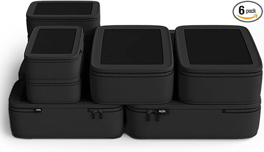 NOBL Travel Compressible Packing Cubes Set, 6 Pieces Travel Packing Organizers, Compression Luggage Cubes for Suitcases & Carry On, Space Saving (XXS, XS, S, M, L, XL) - Jet Black