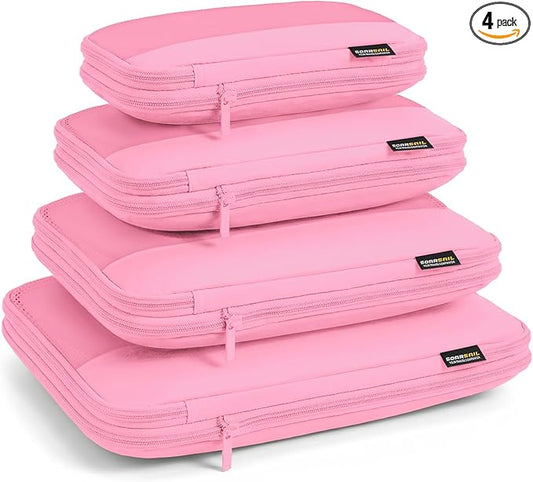 4 Piece Compression Packing Cubes for 3–7 Day Travel, Space Saving Travel Organizers with Breathable Mesh, Double-Zipper Packing Cubes for Carry-On & Suitcases (Petal)