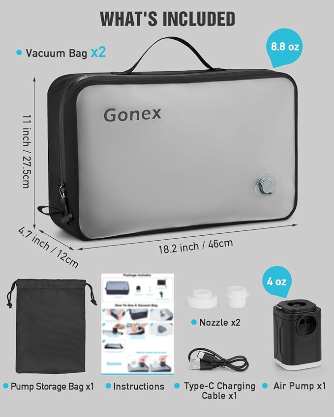 Gonex Vacuum Compression Bag with Pump - Reusable, Waterproof Travel Packing Organizer with Wide Opening, Handle & View Window for Suitcase, Backpack & Clothes Storage (2 Bags + 1 Pump)