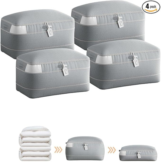 Homsorout Compression Storage Bags for Comforters - 4 Pack Long Large 100L Compression Bags, 3-Layer Washable Ultra Space Saving Self Comforter Storage Bag for Blankets, Sheets, Clothes, Gray