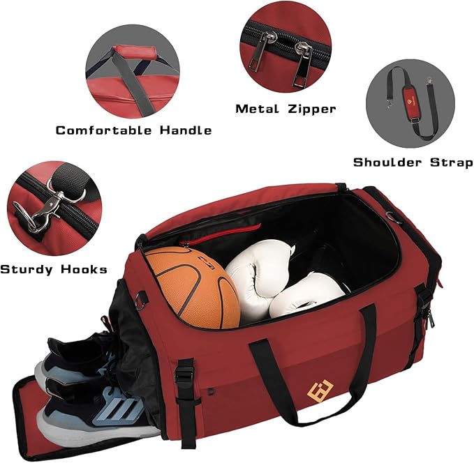 Extra Large Sports Gym Bag, Travel Duffel bag with Wet Pocket & Shoes Compartment for men women, 85L, Lightweight （Red）