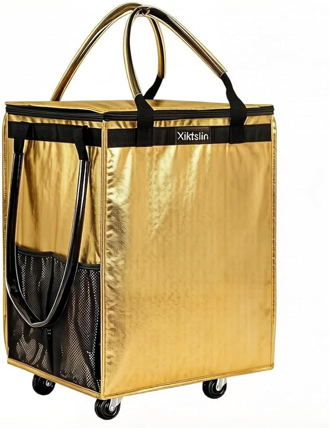 (Medium, Gold) Reusable Grocery Bag on 4 Wheels, Foldable Rolling Tote Carries Up to 66lb Shopping Trolley, Rolling Bag with 3 Handles, Zipper Clouser Rolling Tote Bag with Wheels for Laundry