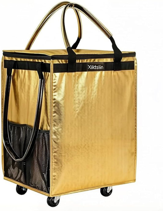 (Medium, Gold) Reusable Grocery Bag on 4 Wheels, Foldable Rolling Tote Carries Up to 66lb Shopping Trolley, Rolling Bag with 3 Handles, Zipper Clouser Rolling Tote Bag with Wheels for Laundry