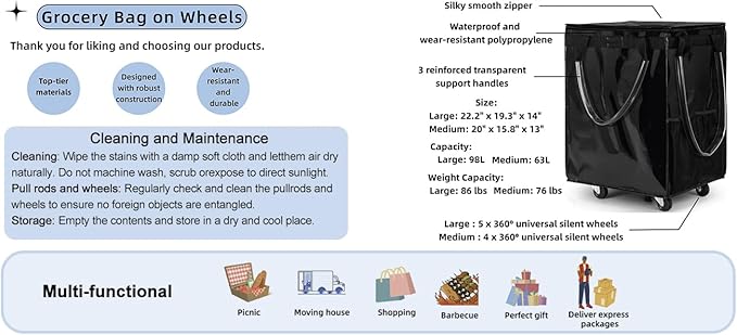 (Medium, Black) Reusable Grocery Bag on 4 Wheels, Foldable Rolling Tote Carries Up to 66lb Shopping Trolley, Rolling Bag with 3 Handles, Zipper Clouser Rolling Tote Bag with Wheels for Laundry