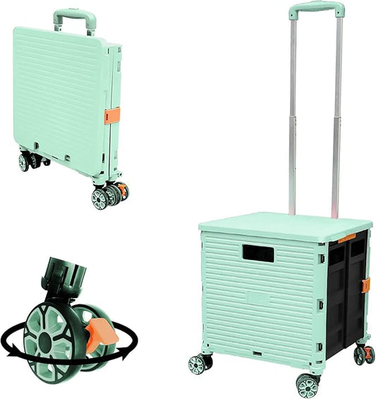 FELICON SELORSS Foldable Utility Cart Folding Portable Rolling Crate Handcart with Durable Heavy Duty Plastic Telescoping Handle Collapsible 4 Rotate Wheels for Travel Shop Move Luggage Office(Green