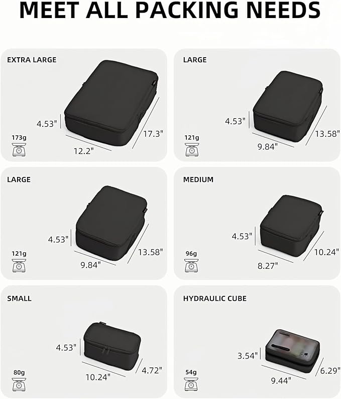 6 Set Compression Packing Cubes for 7–14 Day Travel, Durable Nylon Oxford Luggage Organizers with IP6X Waterproof Toiletry Bag, Expandable Suitcase Packing System (Jet Black)